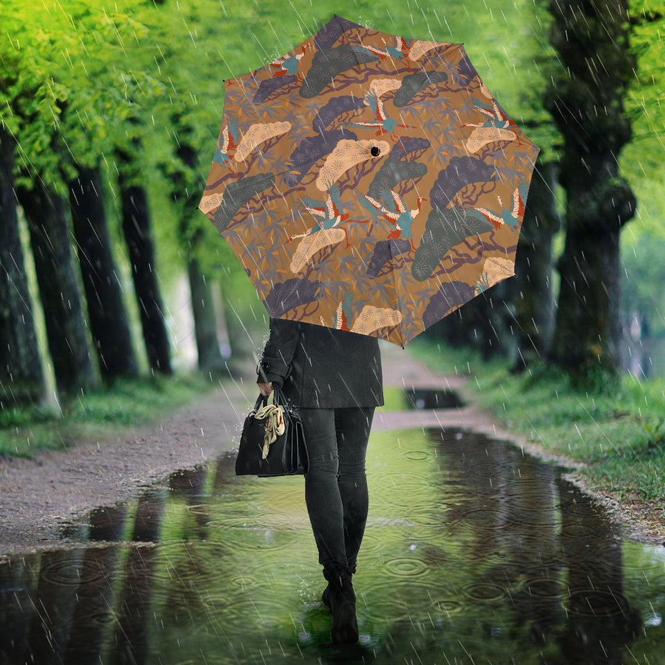 Bonsai Bamboo Stork Japanese Pattern Brown Theme Umbrella