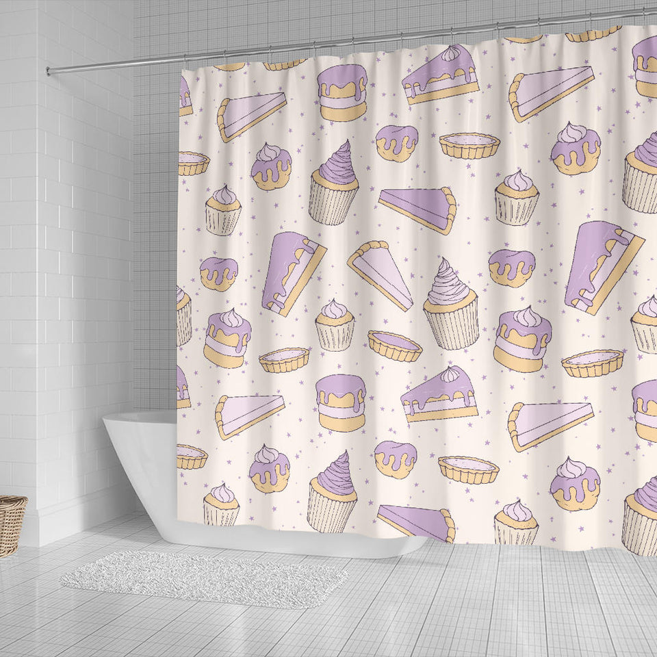 Cakes Pies Tarts Muffins And Eclairs Purple Blueberry Topping Pattern Shower Curtain Fulfilled In US