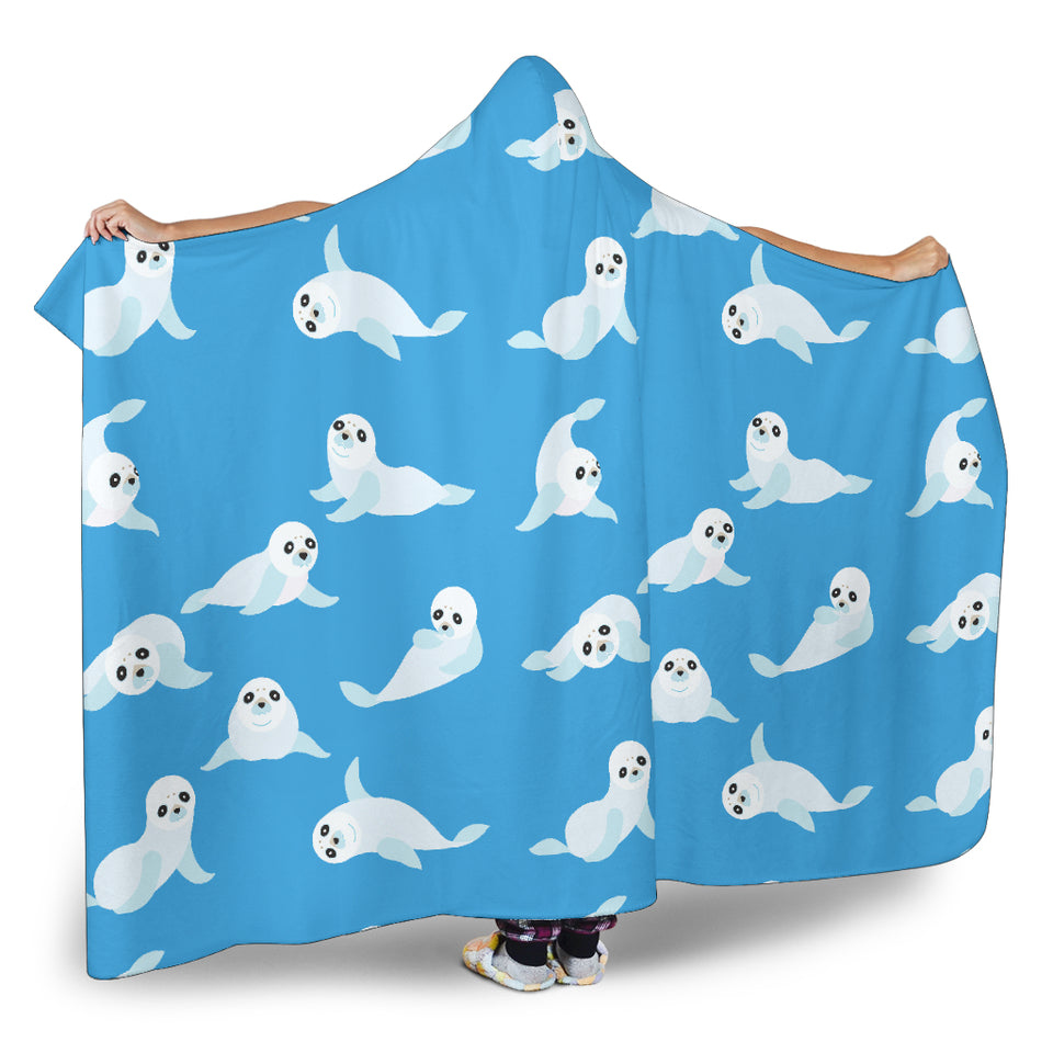 Cute Sea Lion Seal Pattern Background Hooded Blanket