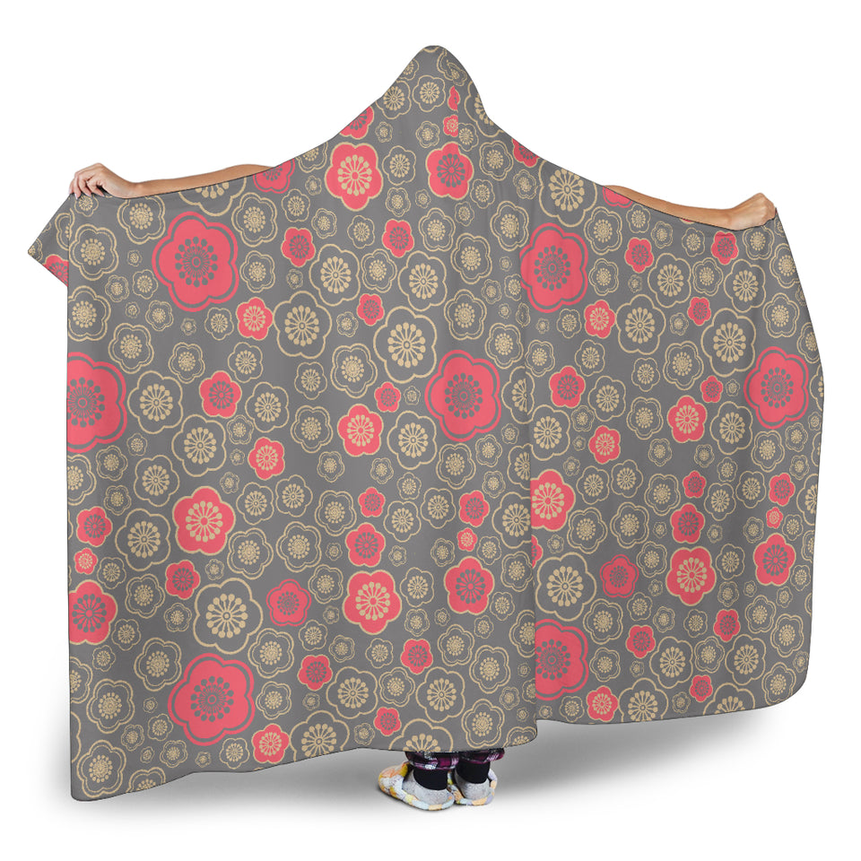 Red Gold Sakura Cherry Blossom Gray Background Hooded Blanket