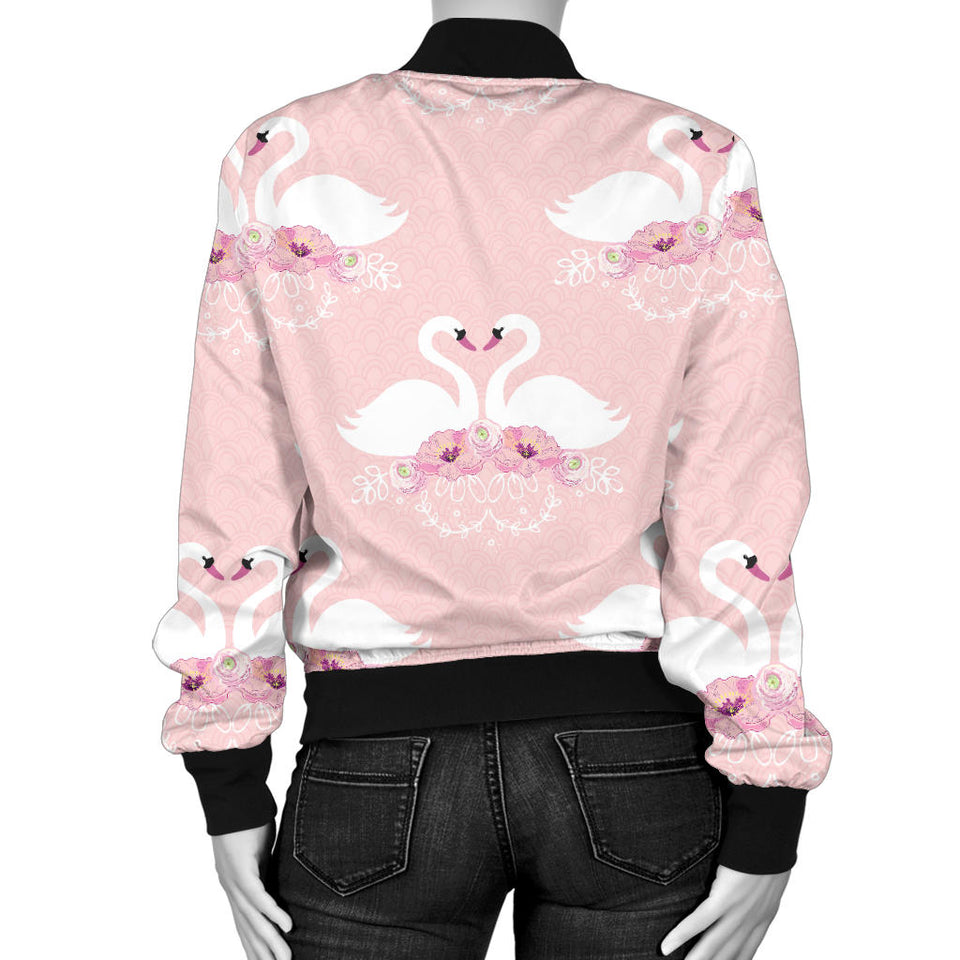 White Swan And Flower Love Pattern Women'S Bomber Jacket