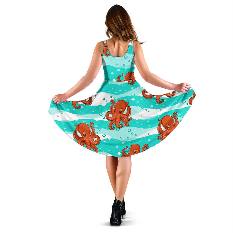 Octopuses Sea Wave Background Sleeveless Midi Dress