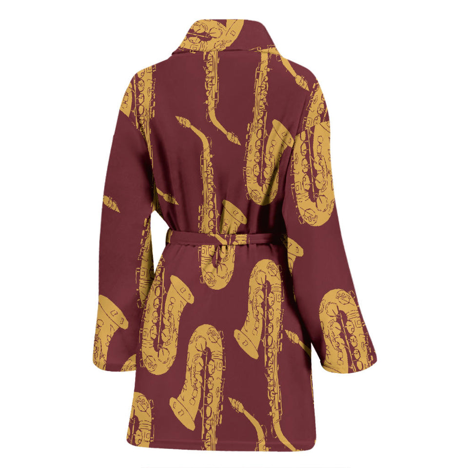 Hand Drawn Gold Saxophone Red Background  Women'S Bathrobe