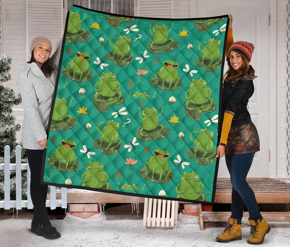 Cute Frog Dragonfly Design Pattern Premium Quilt