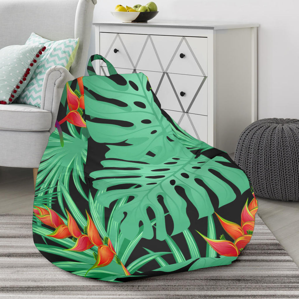 Heliconia Flower Palm Monstera Leaves Black Background Bean Bag Cover
