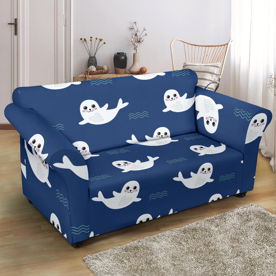 Cute White Baby Sea Lion Seal Pattern Loveseat Couch Slipcover