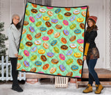 Colorful Donut Pattern Green Background Premium Quilt
