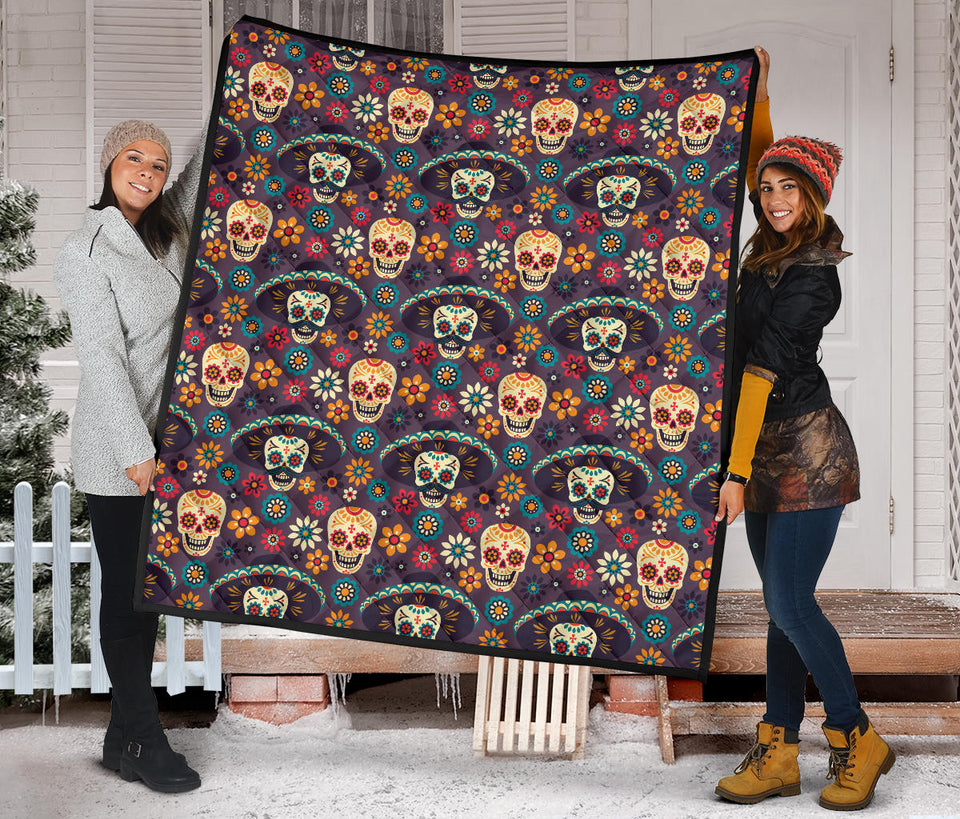 Sugar Skulls Flower Maxican Pattern Premium Quilt