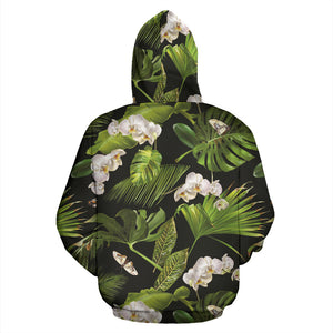 White Orchid Flower Tropical Leaves Pattern Blackground Zip Up Hoodie