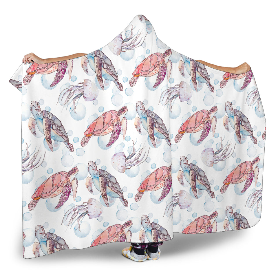 Watercolor Sea Turtle Jellyfish Pattern Hooded Blanket