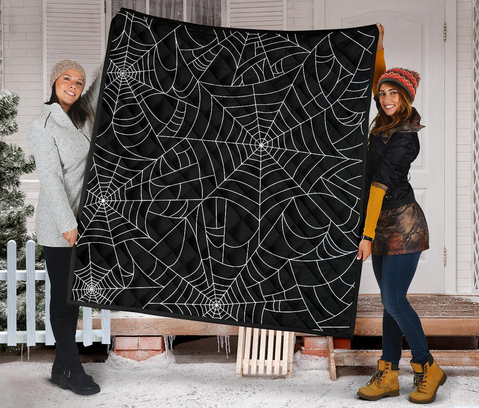 Spider Web Pattern Black Background White Cobweb Premium Quilt