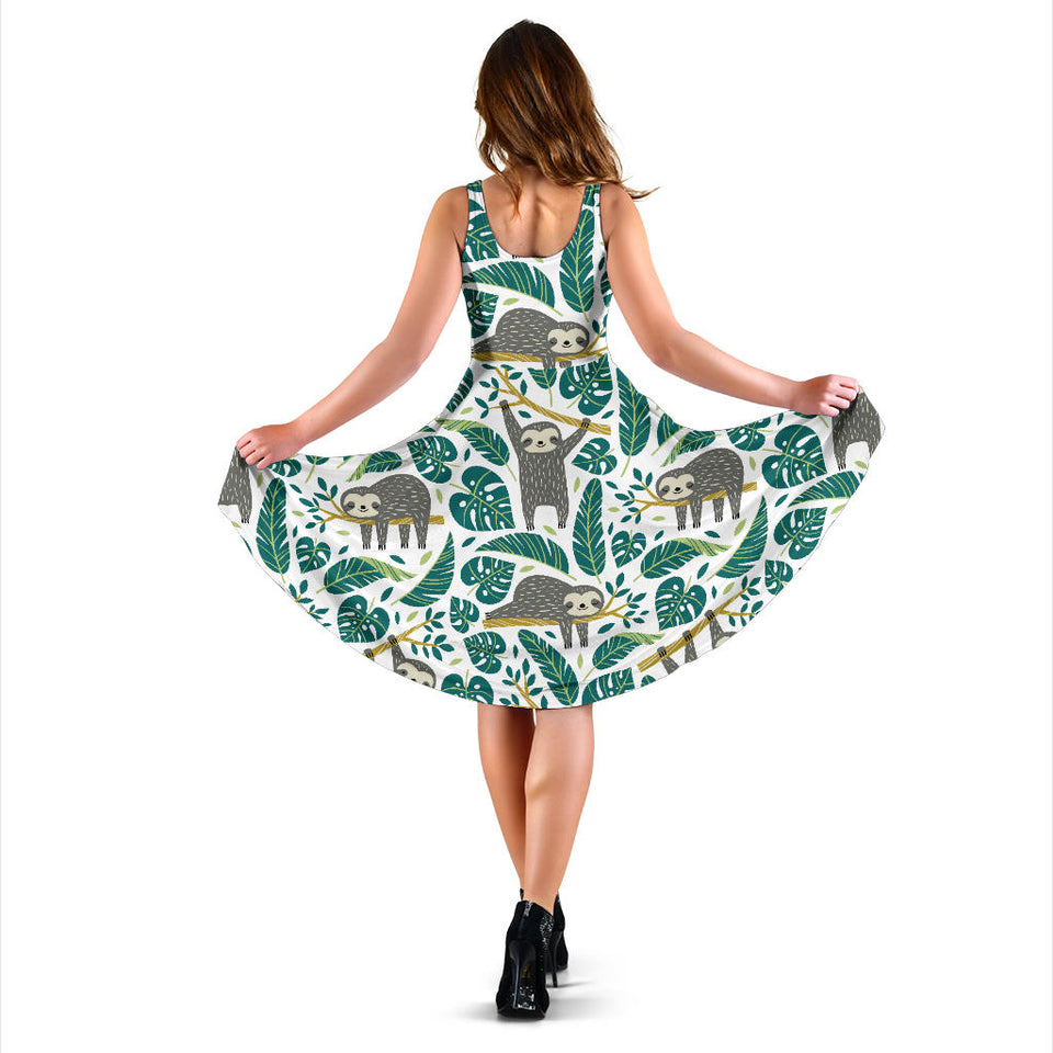 Cute Sloths Tropical Palm Leaves White Background Sleeveless Midi Dress