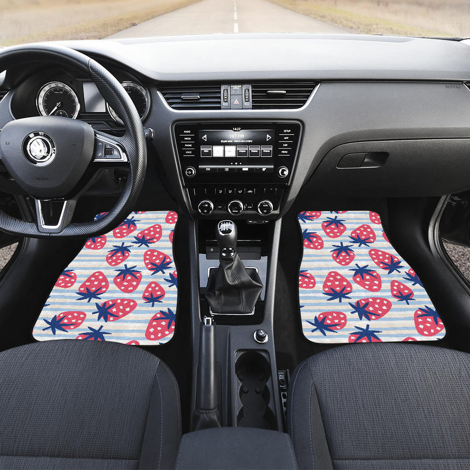 Strawberry Pattern Blue Lines Background Front And Back Car Mats