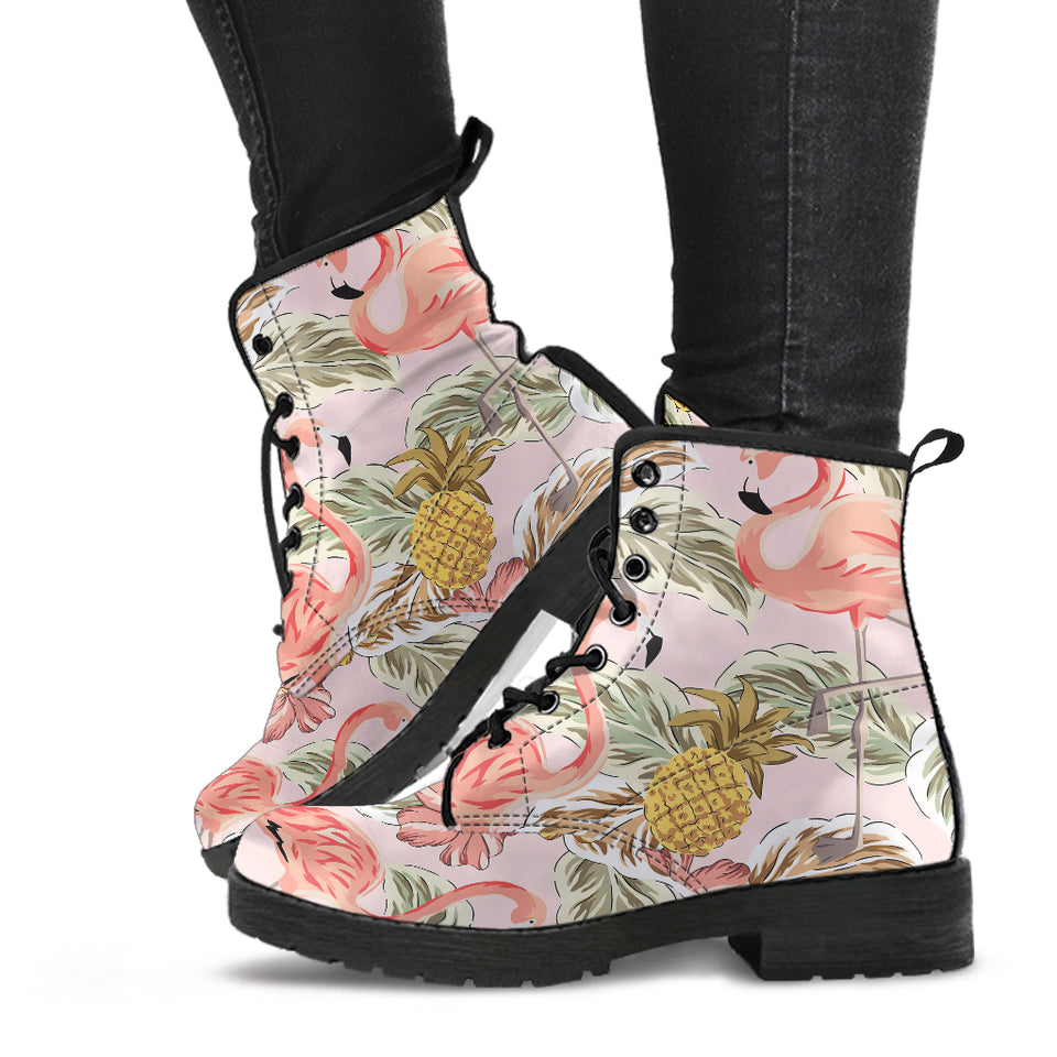 Pink Flamingo Birds Pineapples Hibiscus Flower Pattern Leather Boots
