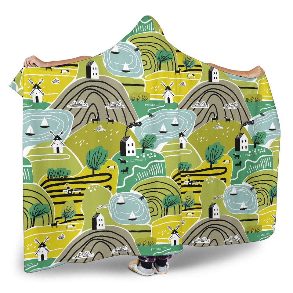 Hand Drawn Windmill Pattern Hooded Blanket