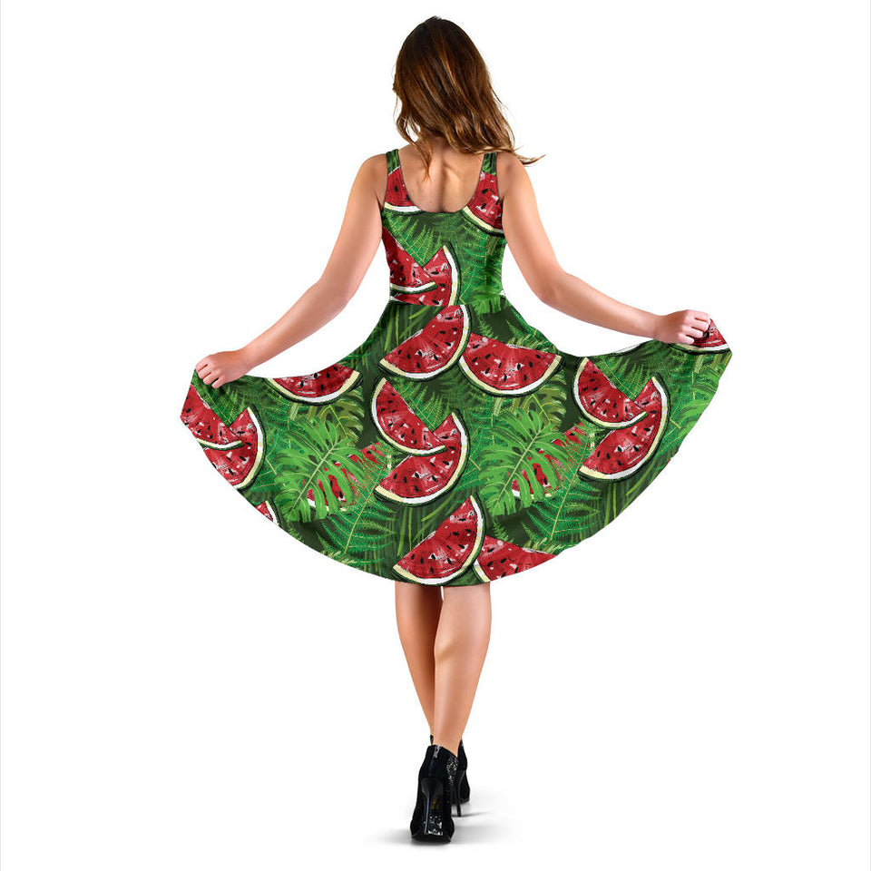 Watermelons Tropical Palm Leaves Pattern Background Sleeveless Midi Dress