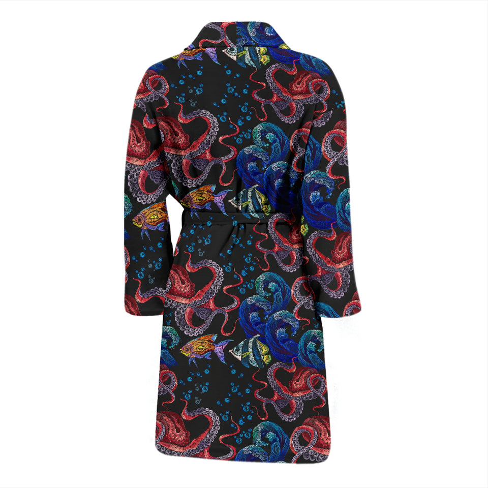 Octopus Sea Wave Tropical Fishe Pattern Men'S Bathrobe