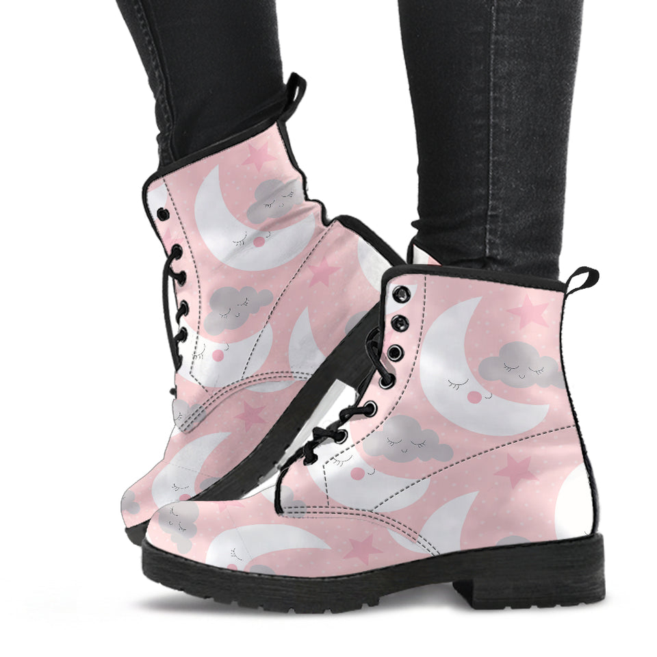 Cute Moon Cloud Star Pattern Pink Dot Background Leather Boots