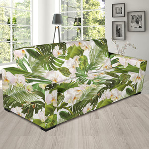 White Orchid Flower Tropical Leaves Pattern Sofa Slipcover