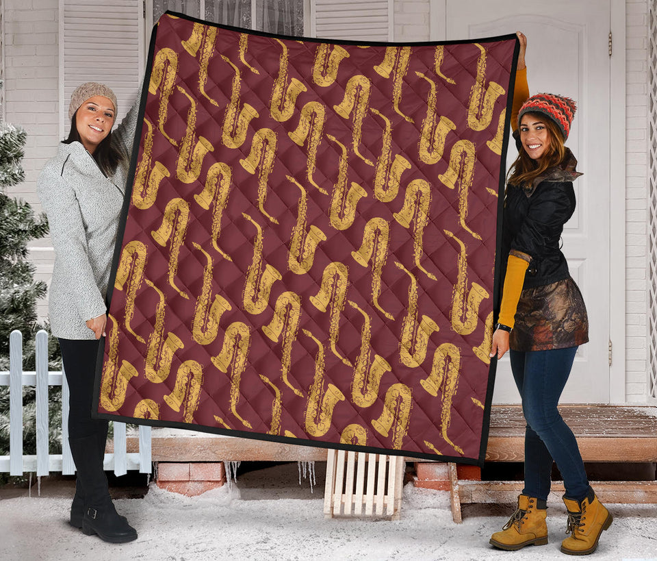 Hand Drawn Gold Saxophone Red Background  Premium Quilt
