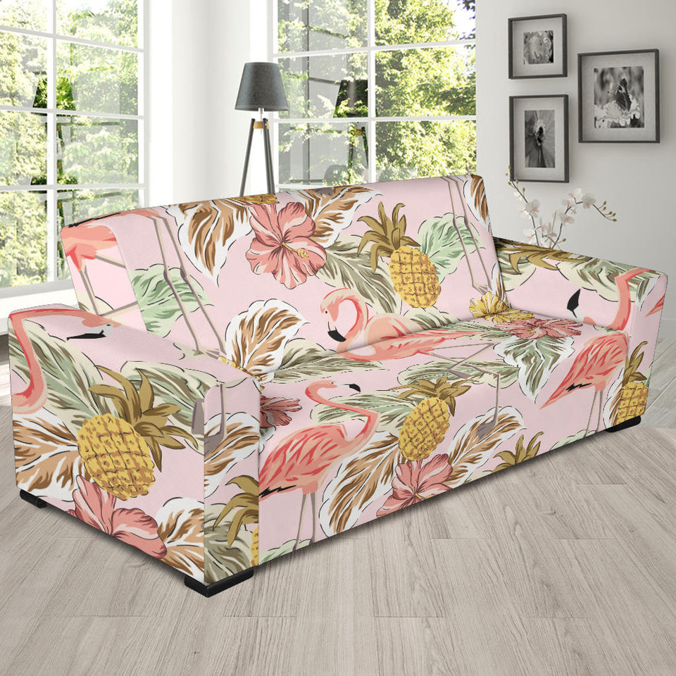 Pink Flamingo Birds Pineapples Hibiscus Flower Pattern Sofa Slipcover