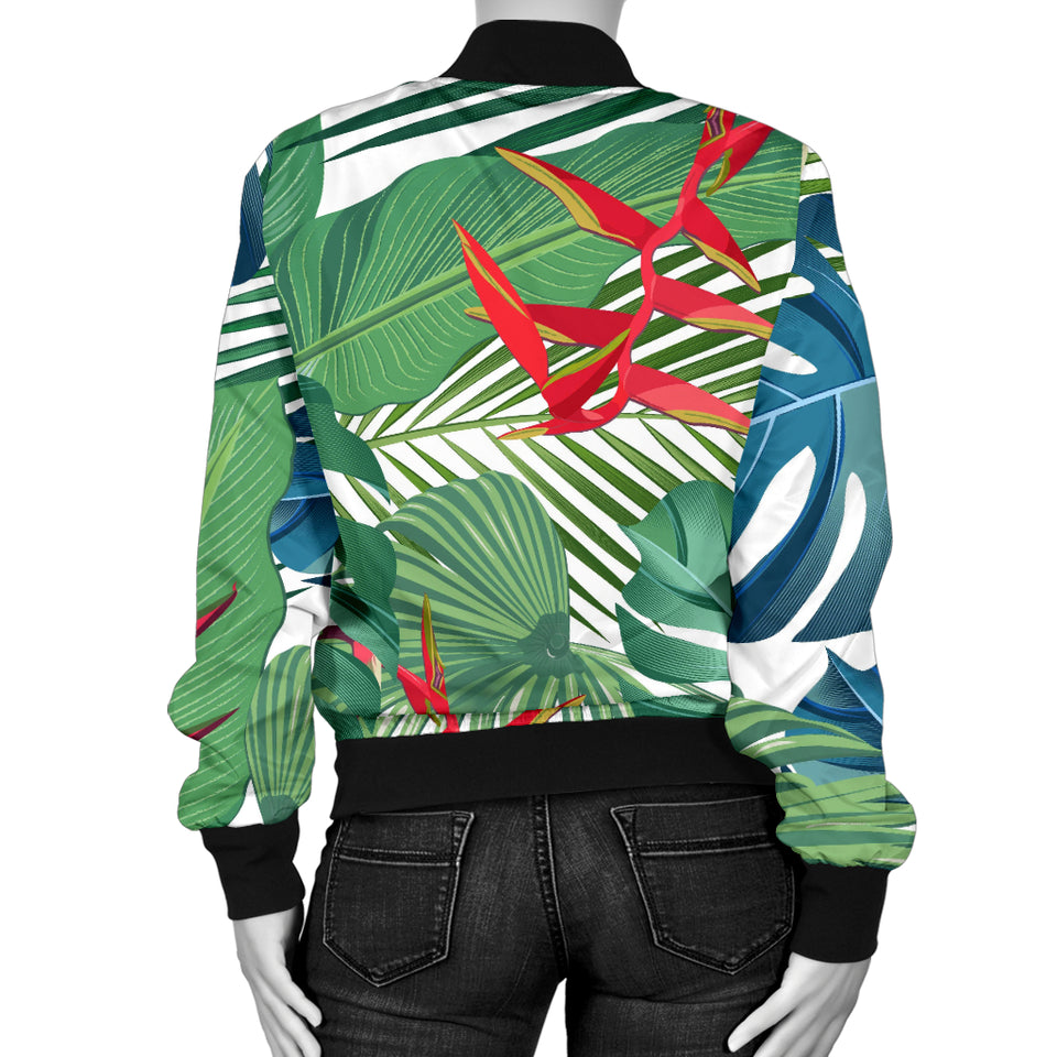 Heliconia Palm And Monstera  Leaves Pattern Women'S Bomber Jacket