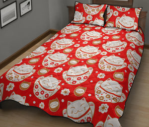 Cute Maneki Neko Lucky Cat red background Quilt Bed Set