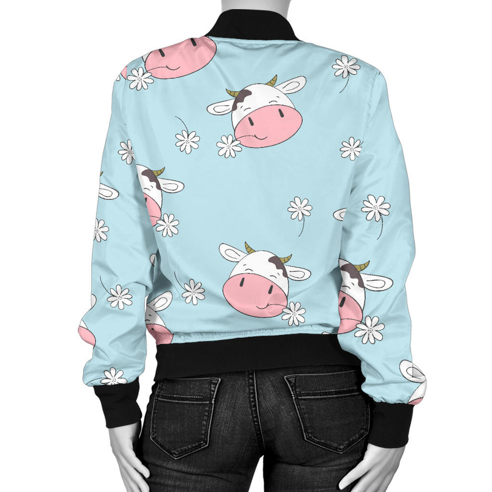 Cute Cow Flower Pattern Women'S Bomber Jacket