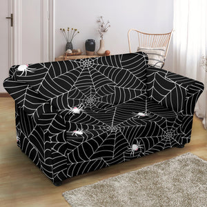 Spider Web Design Pattern Black Background White Cobweb Loveseat Couch Slipcover