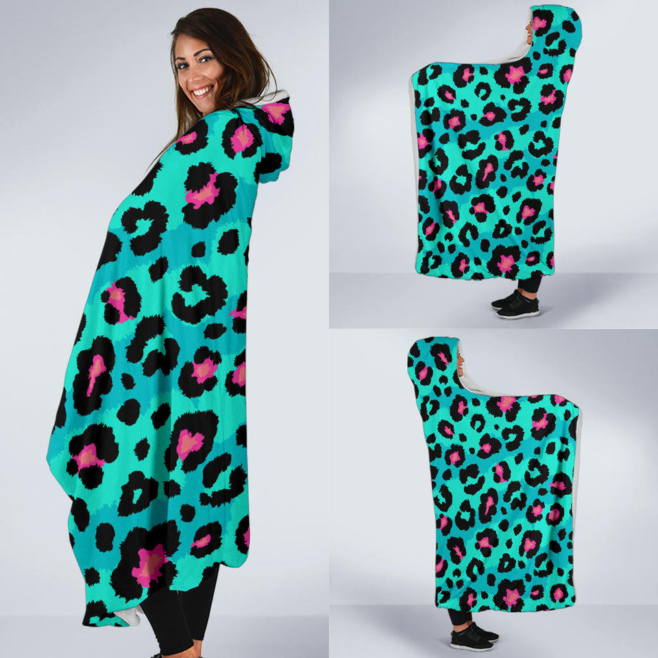 Green Leopard Skin Print Pattern Hooded Blanket
