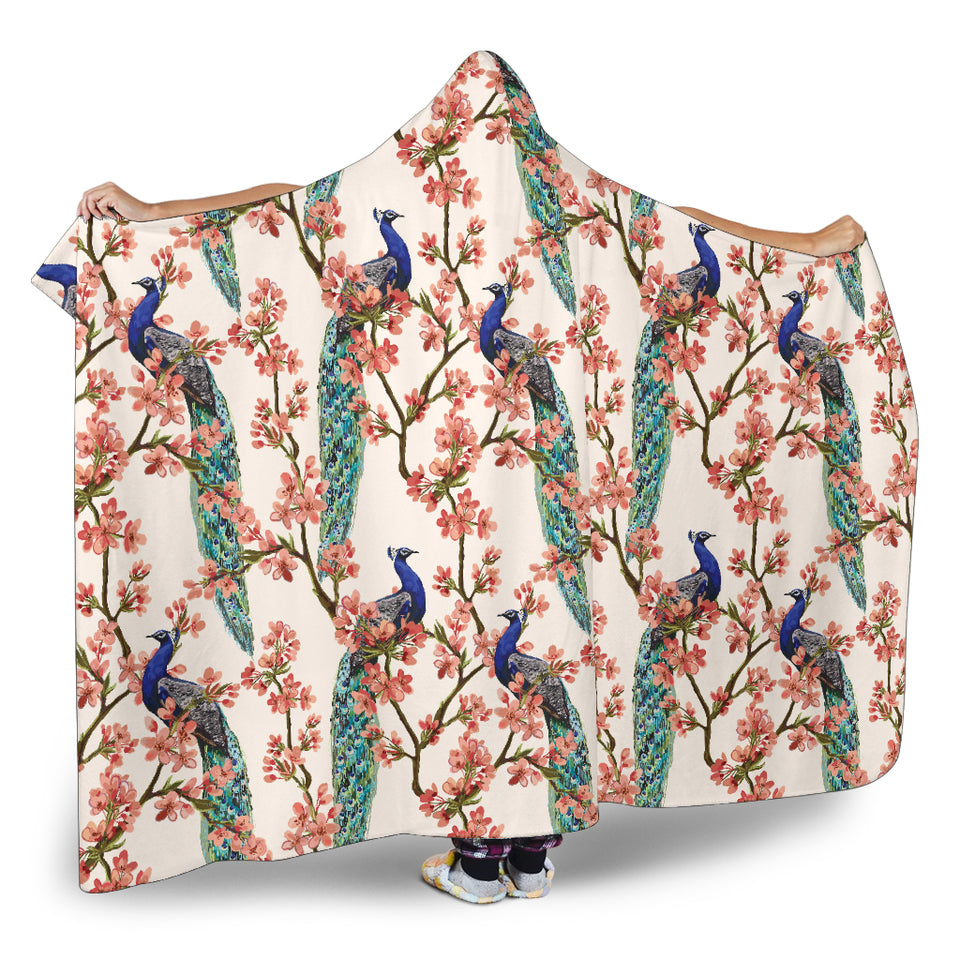 Peacock Tropical Flower Pattern Hooded Blanket