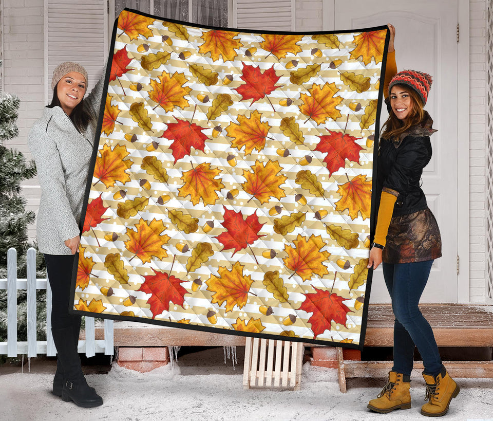 Maple Leaf Oak Leaf Acorns Beige Striped Background Premium Quilt