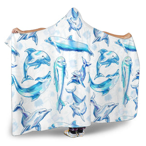 Watercolor Dolphin Pattern Hooded Blanket
