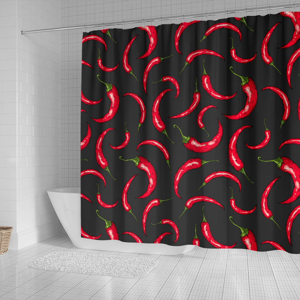 Chili Peppers Pattern Black Background Shower Curtain Fulfilled In US