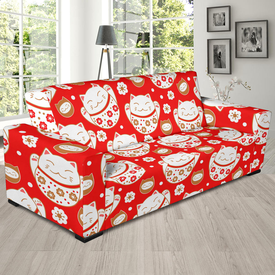 Cute Maneki Neko Lucky Cat Red Background Sofa Slipcover