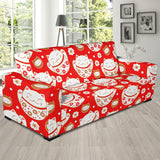 Cute Maneki Neko Lucky Cat Red Background Sofa Slipcover