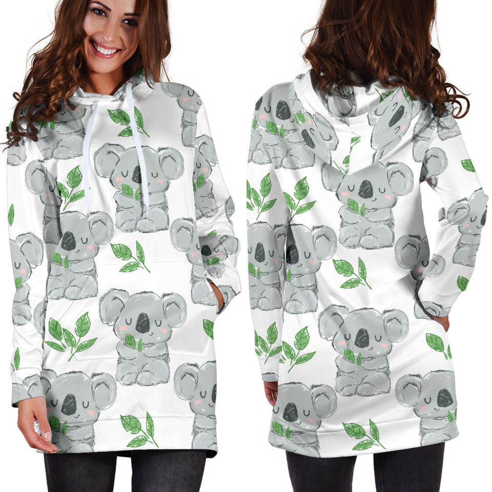 Hand Drawn Koala Leaves Pattern Women'S Hoodie Dress