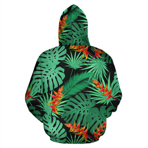 Heliconia Flower Palm Monstera Leaves Black Background Zip Up Hoodie
