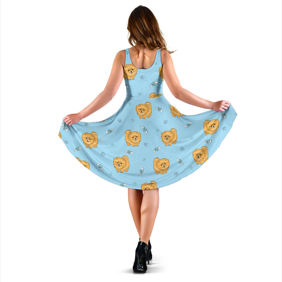 Brown Cute Pomeranian Blue Blackground Sleeveless Midi Dress