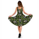 Cute Sloths Tropical Palm Leaves Black Background Sleeveless Midi Dress