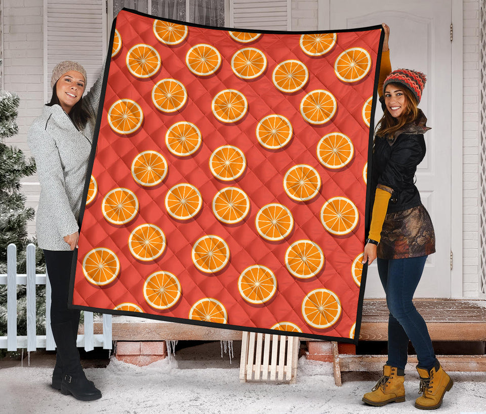 Oranges Pattern Red Background Premium Quilt