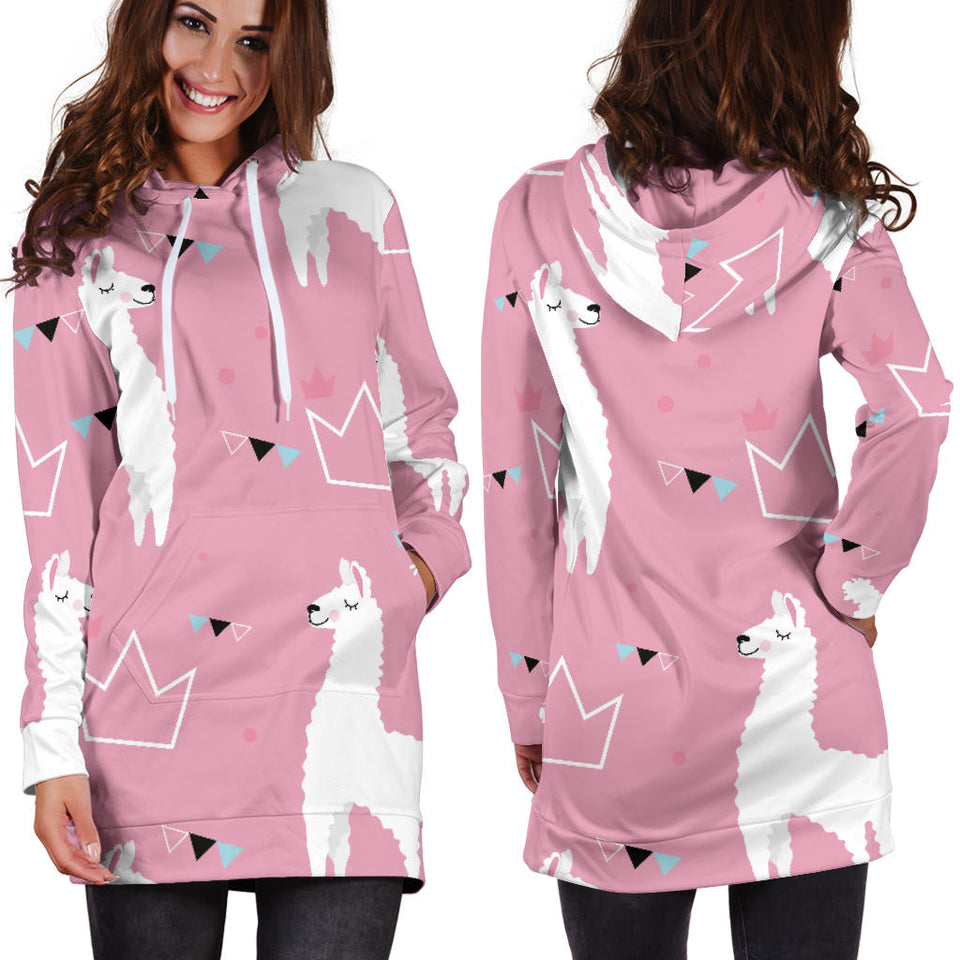 Llama Alpaca Pink Background Women'S Hoodie Dress