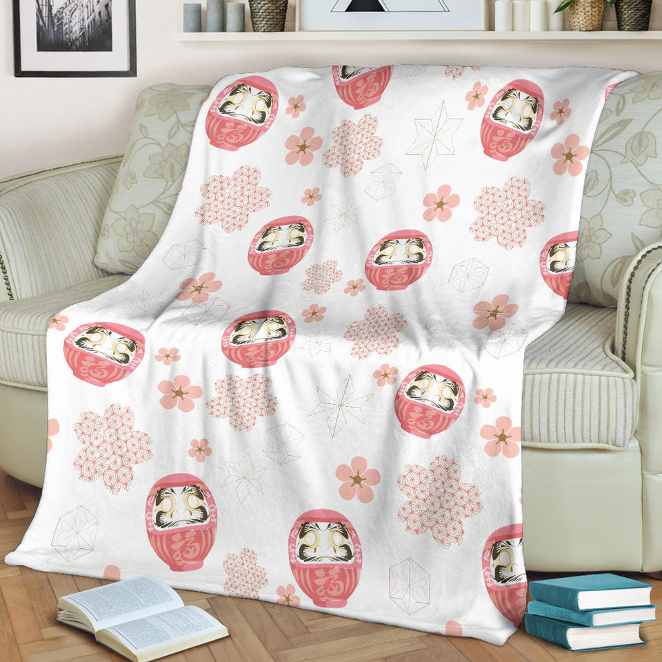 Daruma Japanese Wooden Doll Cherry Blossom Flower Pattern Premium Blanket