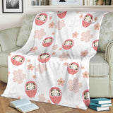 Daruma Japanese Wooden Doll Cherry Blossom Flower Pattern Premium Blanket