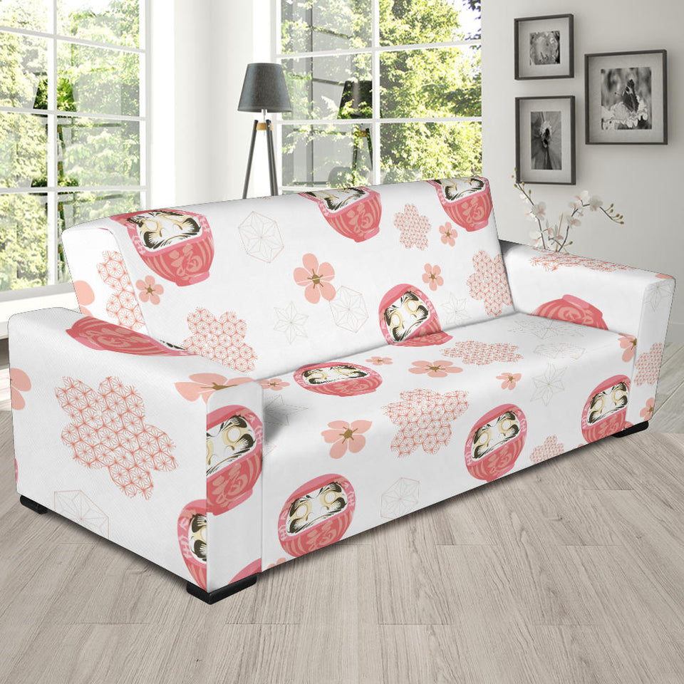 Daruma Japanese Wooden Doll Cherry Blossom Flower Pattern Sofa Slipcover
