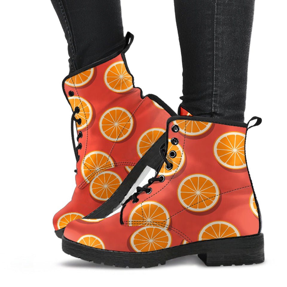 Oranges Pattern Red Background Leather Boots