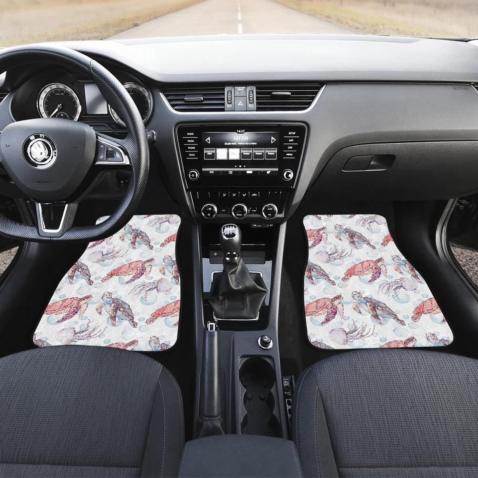 Watercolor Sea Turtle Jellyfish Pattern Front And Back Car Mats