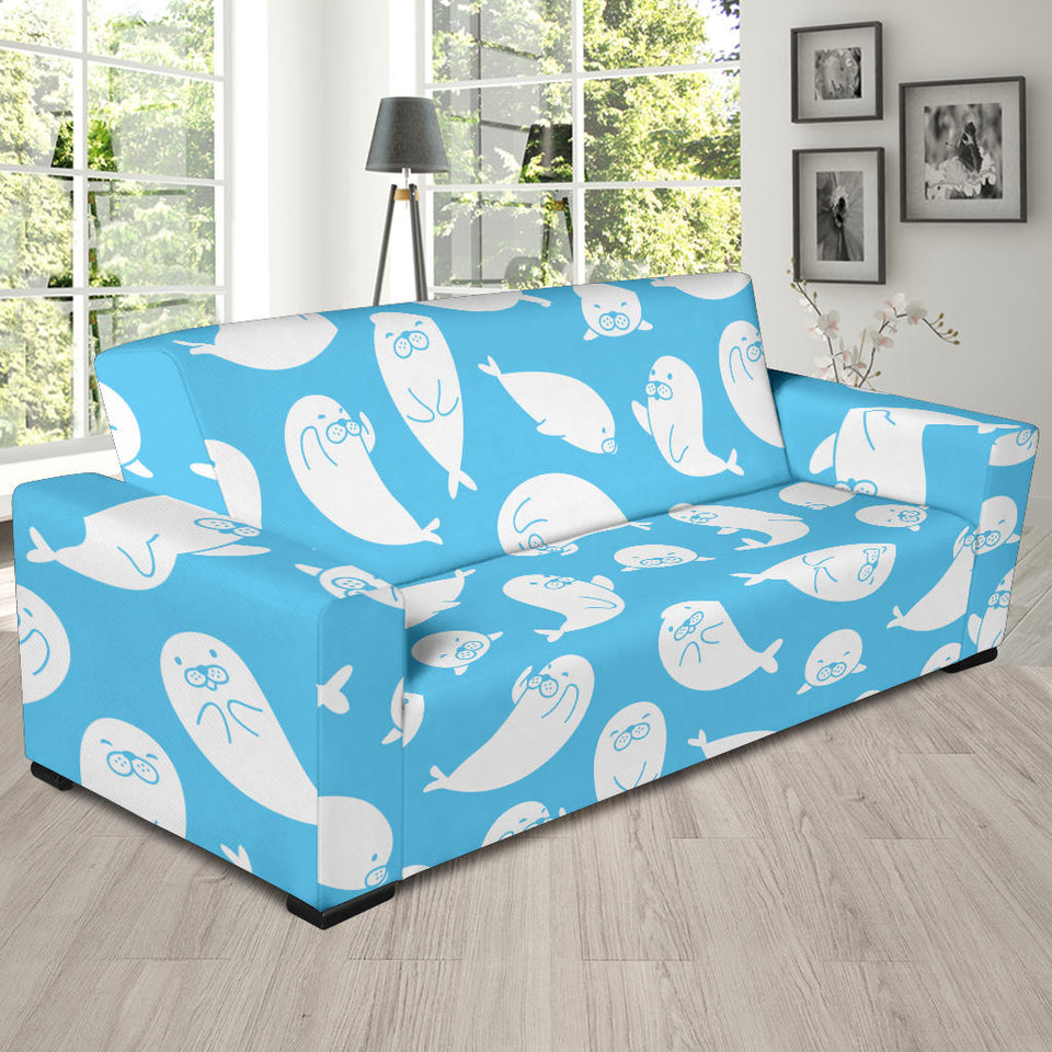 Cute White Sea Lion Seals Pattern Sofa Slipcover