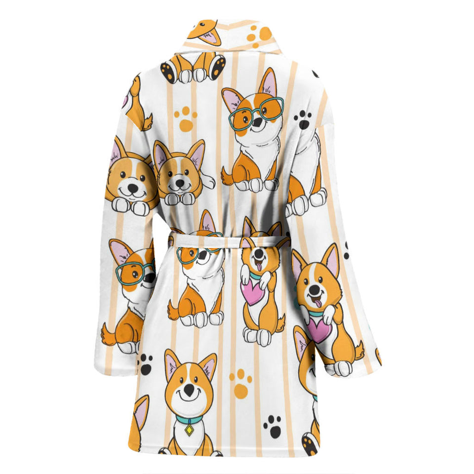 Cute Dog Corgi Striped Background Pattern Women'S Bathrobe