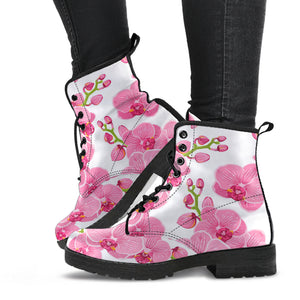 Pink Purple Orchid Pattern Background Leather Boots